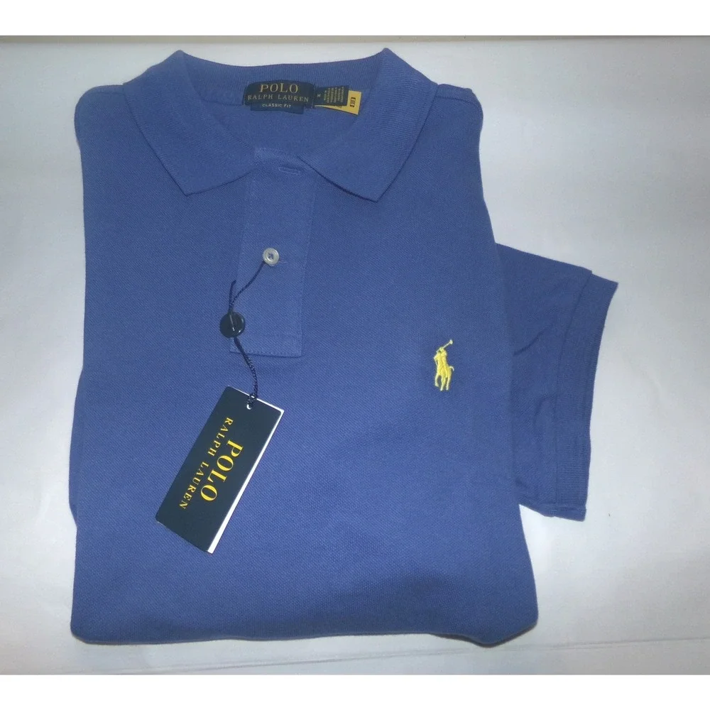 Polo Ralph Lauren Mens Classic Fit Short Sleeve Pique Polo Shirt Blue Yellow Med